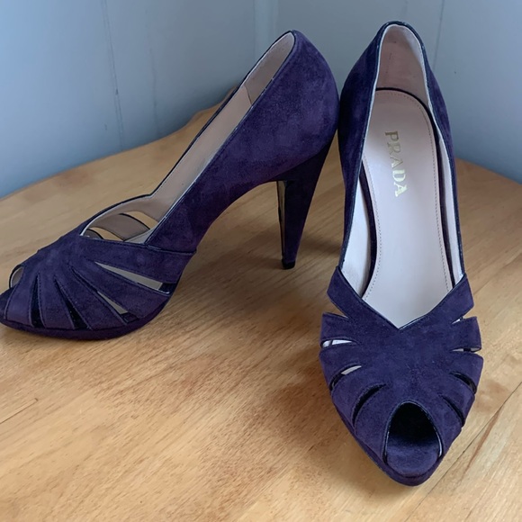 Prada Shoes - Prada purple suede pumps heels US size 8.5 EUR 38.5 GUC peep toe